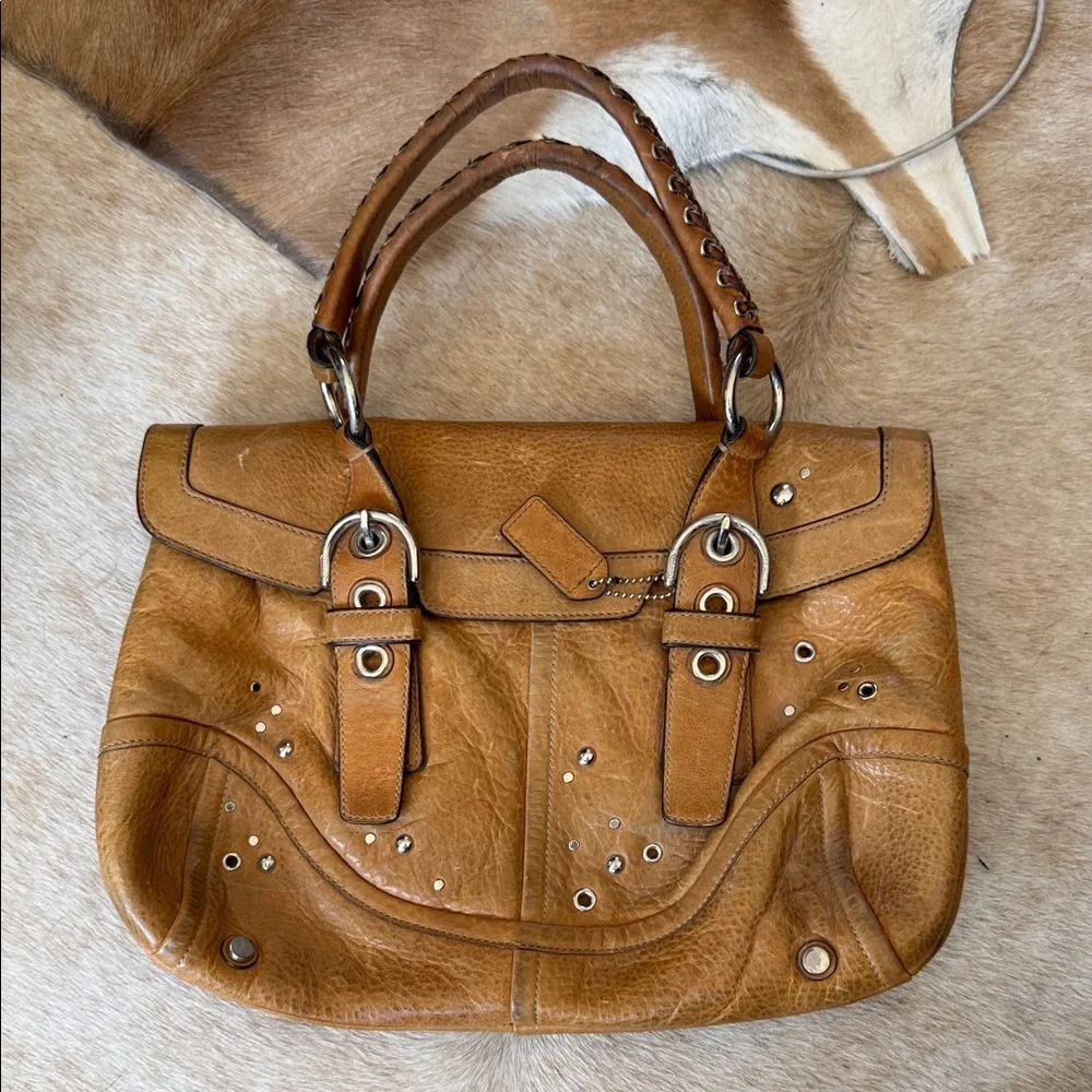 vintage Y2K Coach Hampton satchel in a tan color leather silver studs braided